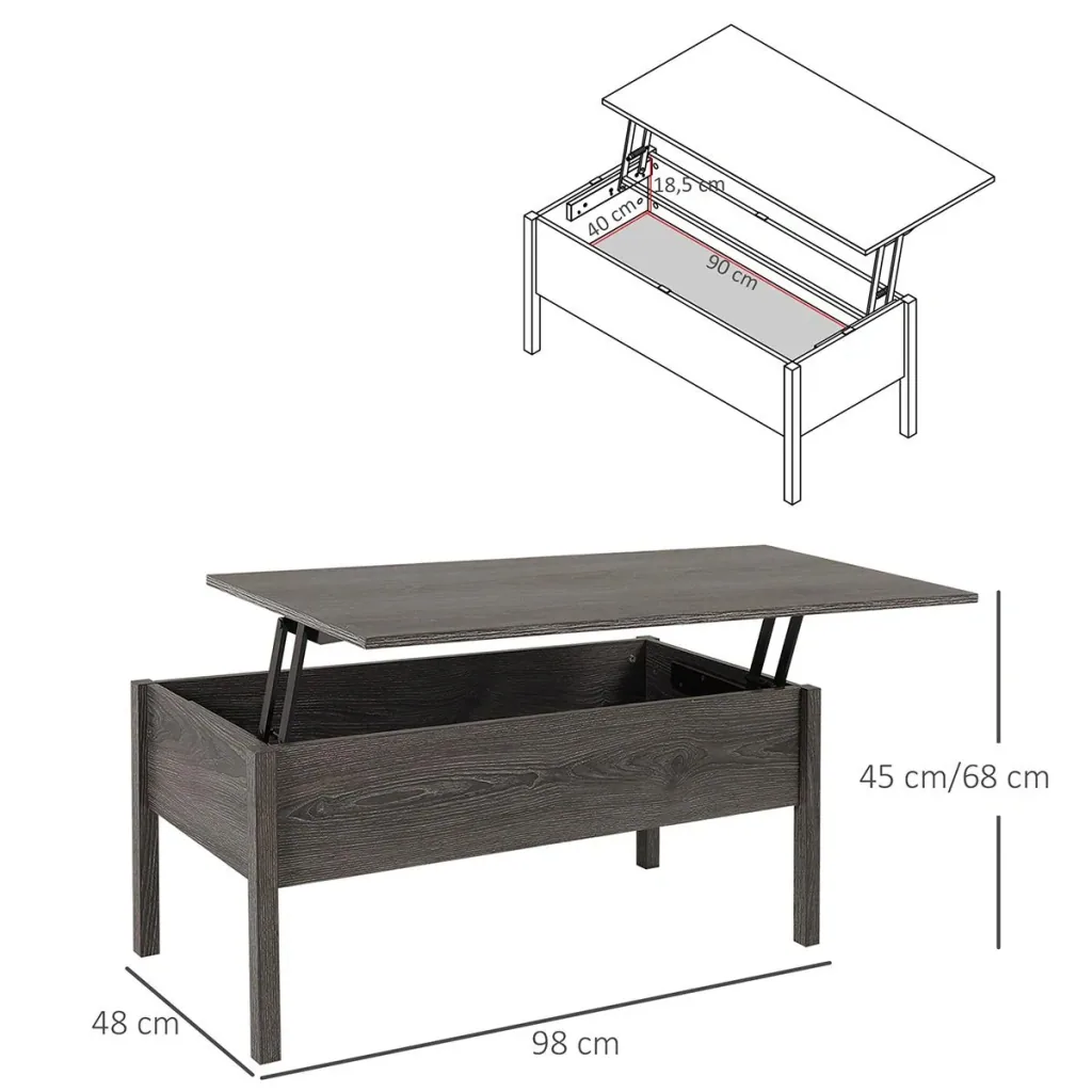 Coffee table with height-adjustable top with storage, liftable table top, brown, 98 x 48 x 45 cm