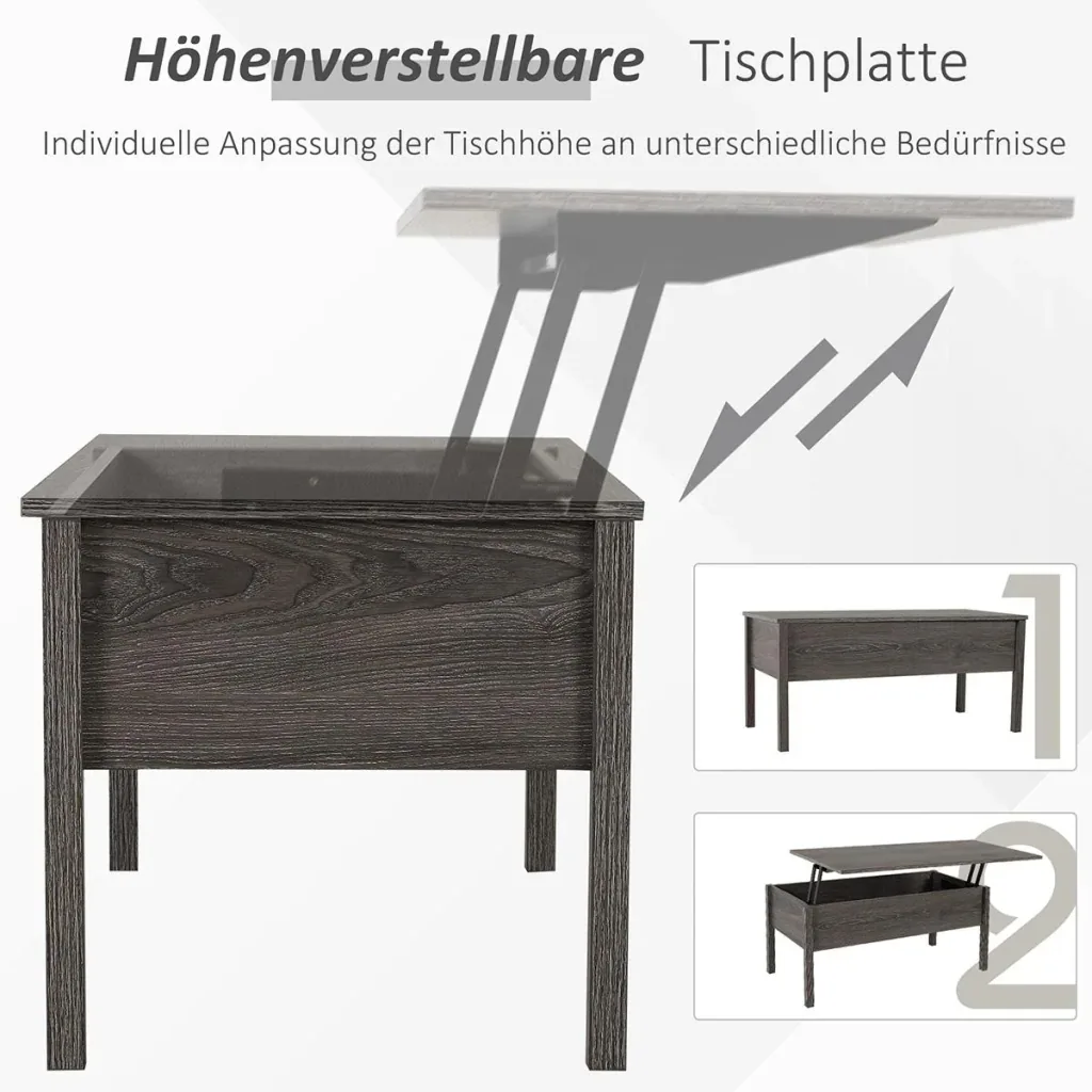 Coffee table with height-adjustable top with storage, liftable table top, brown, 98 x 48 x 45 cm