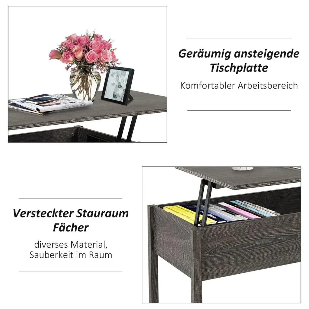 Coffee table with height-adjustable top with storage, liftable table top, brown, 98 x 48 x 45 cm