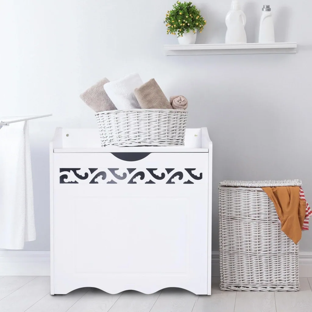 Bathroom cabinet laundry basket chest box storage box with lid MDF white 55 x 34 x 58 cm