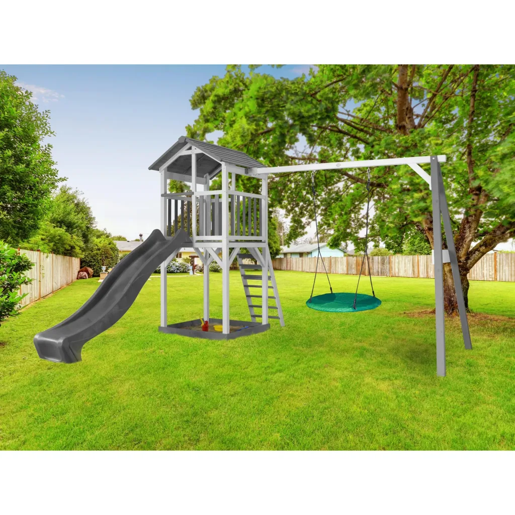 Beach Tower play tower with Summer Nest swing - Grey slide