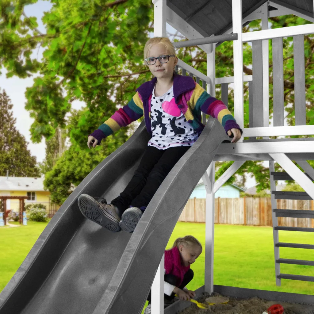 Beach Tower play tower with Summer Nest swing - Grey slide