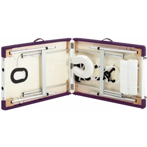 Folding massage table with 2 zones aluminum white and purple