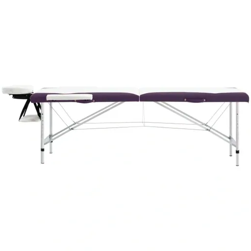 Folding massage table with 2 zones aluminum white and purple