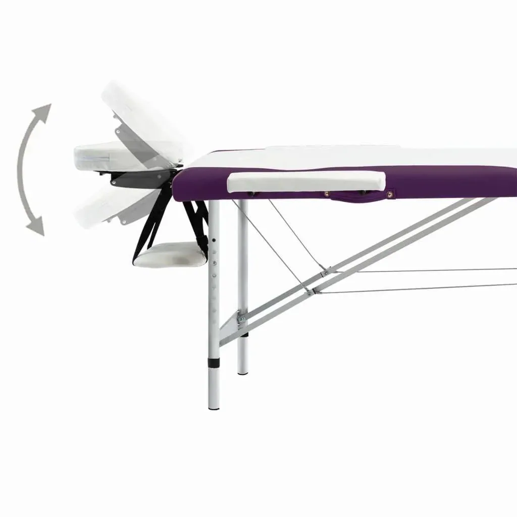 Folding massage table with 2 zones aluminum white and purple