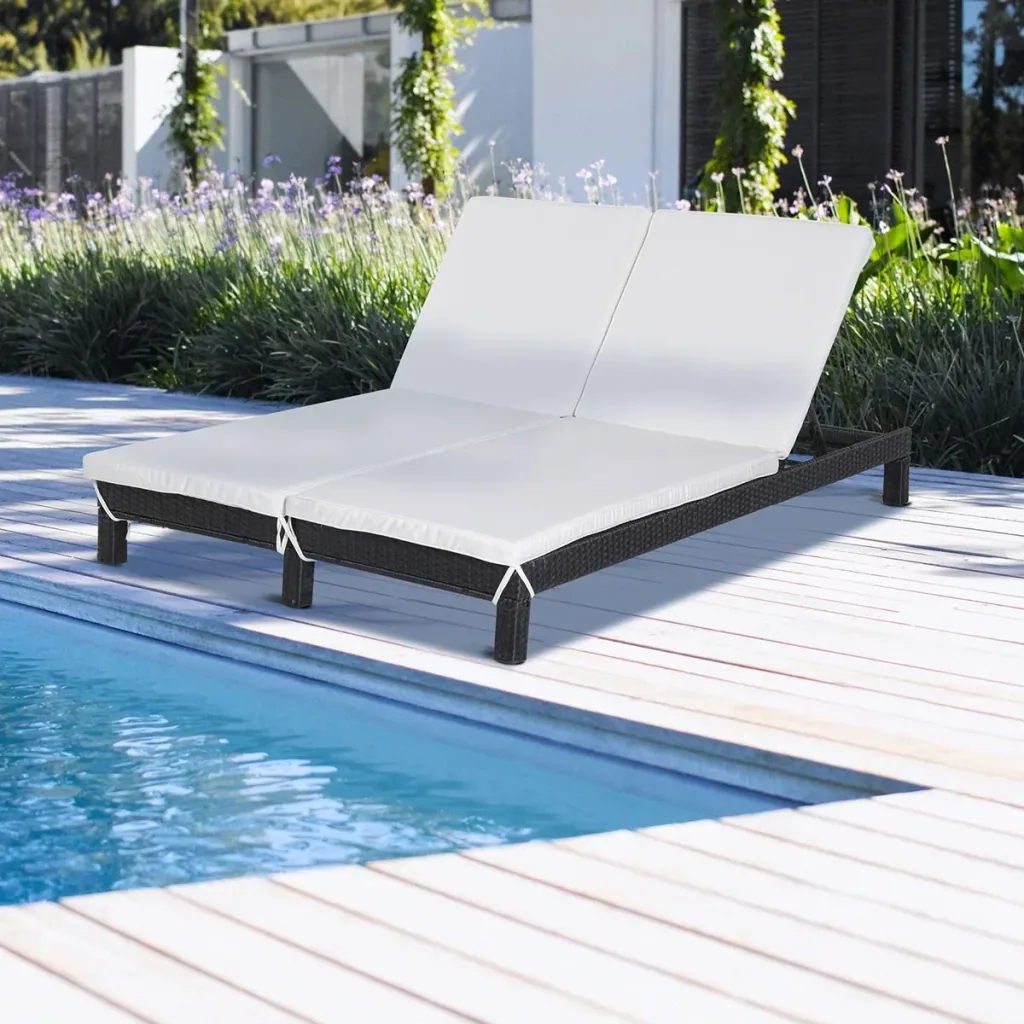 Garden lounger, double lounger, relaxation lounger for 2 people, luxury lounge, 5-level backrest, metal, PE rattan, cream, 195