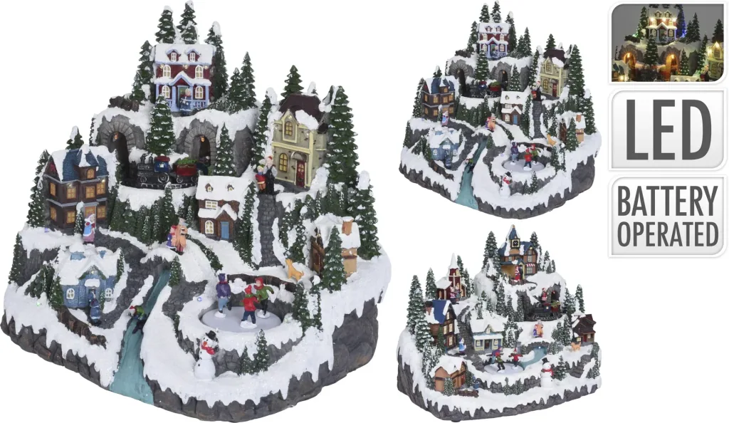 Christmas village scene with lighting and music