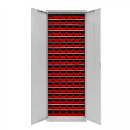 Shelving unit with door, 17 shelves, 108 storage bins size 2L