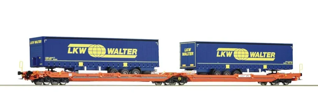 Double-pocket articulated wagon, type Sdggmrs 738/T3000e, of the Wascosa WALTER