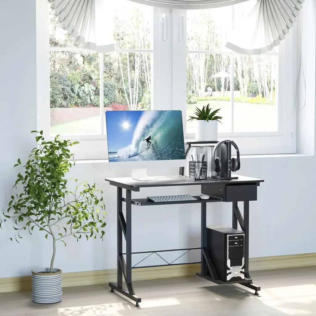 Computer desk work table with shelves and drawers desk office table space-saving stable metal MDF black 90 x