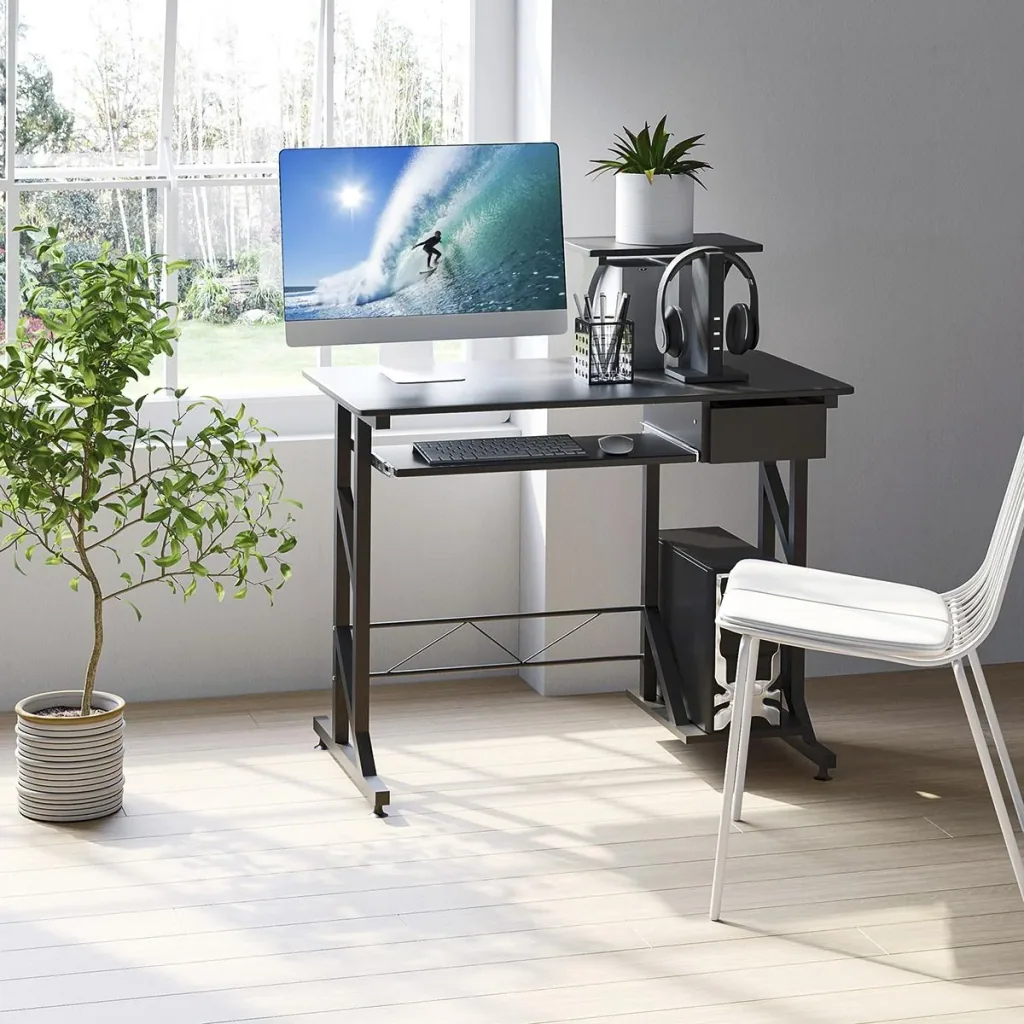 Computer desk work table with shelves and drawers desk office table space-saving stable metal MDF black 90 x