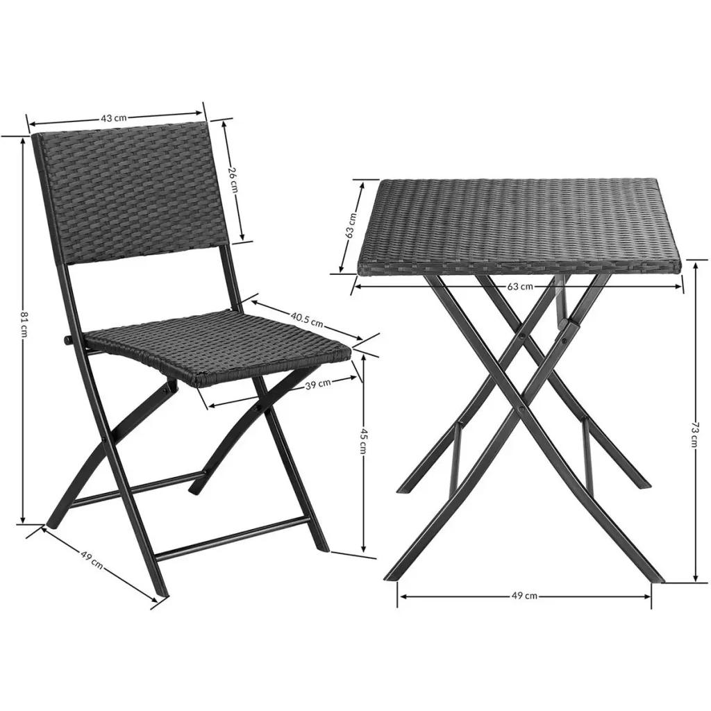 3-piece garden set - table, folding chairs - polyrattan - black