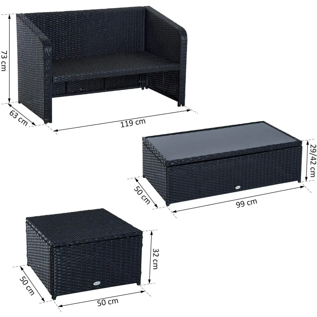 4-piece polyrattan garden furniture seating group lounge with cushions black 1 x double sofa 1 x coffee table 2 x stools