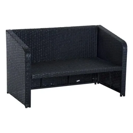 4-piece polyrattan garden furniture seating group lounge with cushions black 1 x double sofa 1 x coffee table 2 x stools