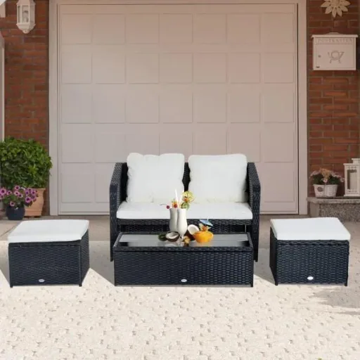 4-piece polyrattan garden furniture seating group lounge with cushions black 1 x double sofa 1 x coffee table 2 x stools