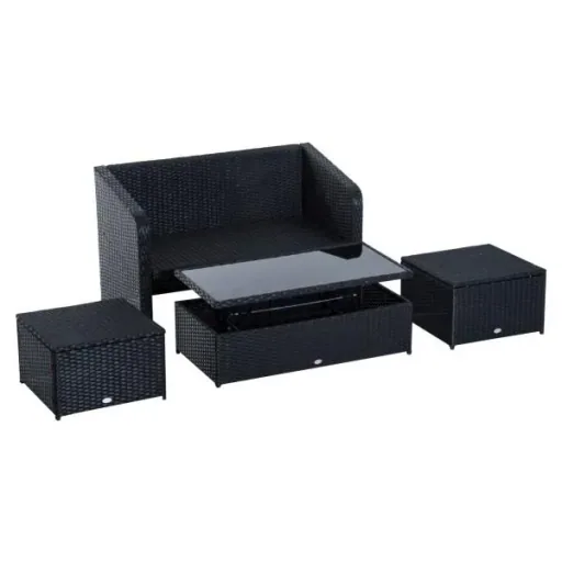 4-piece polyrattan garden furniture seating group lounge with cushions black 1 x double sofa 1 x coffee table 2 x stools