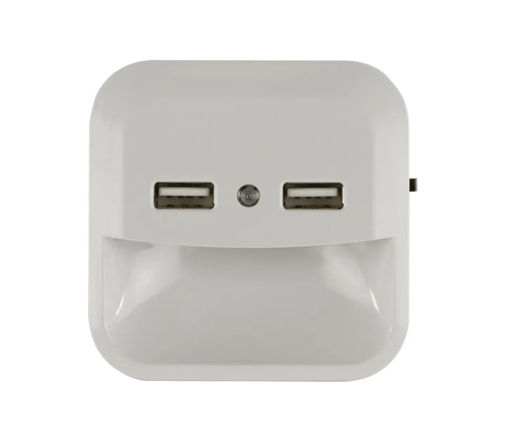 LED night light with integrated twilight sensor and 2 USB sockets