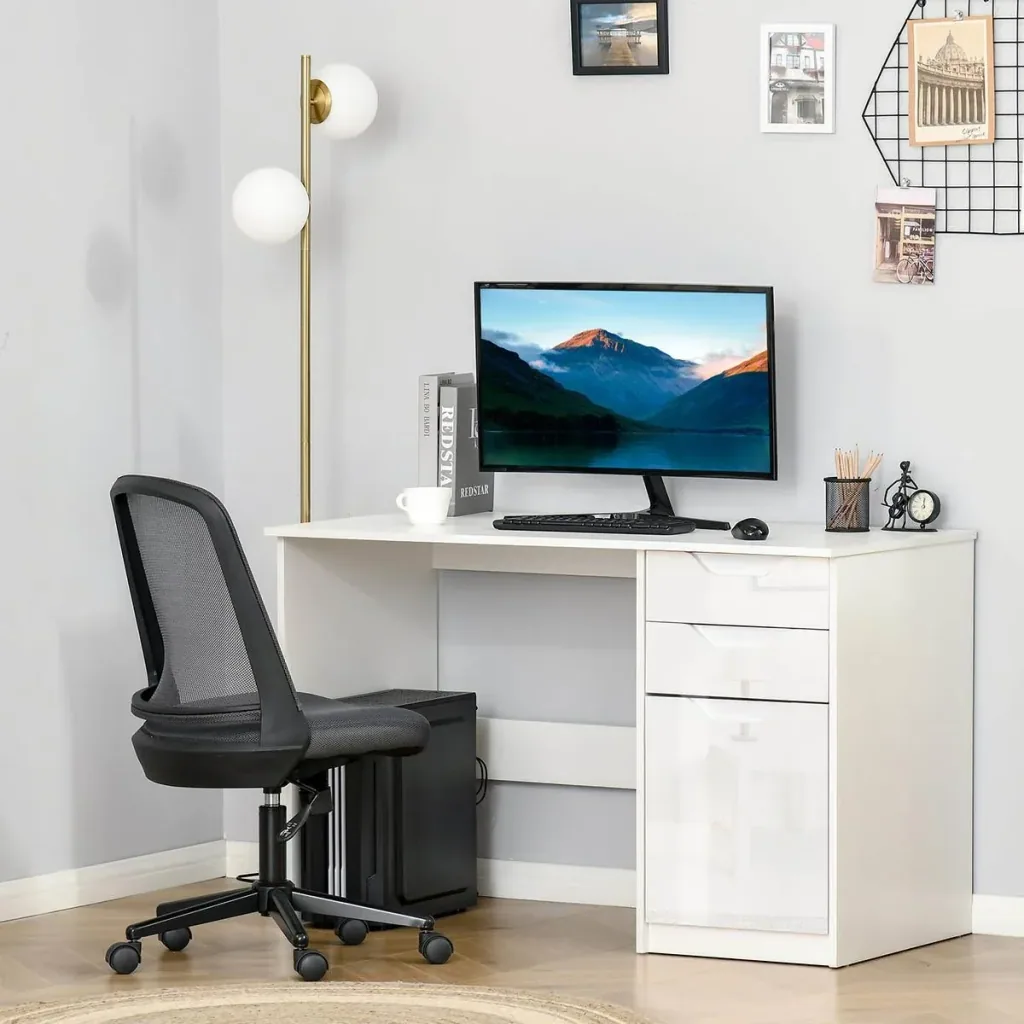Desk computer table with 2 drawers cabinet work table office table large table top high gloss white 120 x 60 x 7
