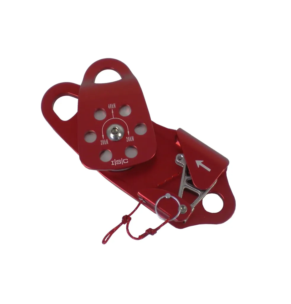 Aluminium pulley with pivoting side cover for 10 mm - 12 mm ropes
