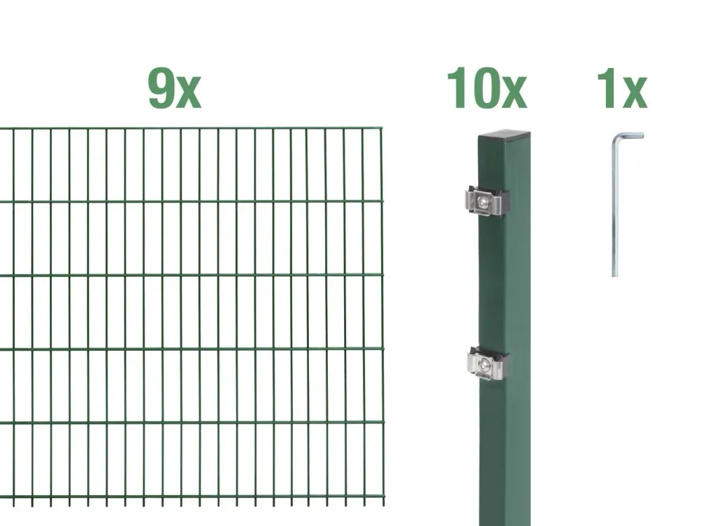 Double rod mesh fence complete set, green, height 120 cm, length 18 m