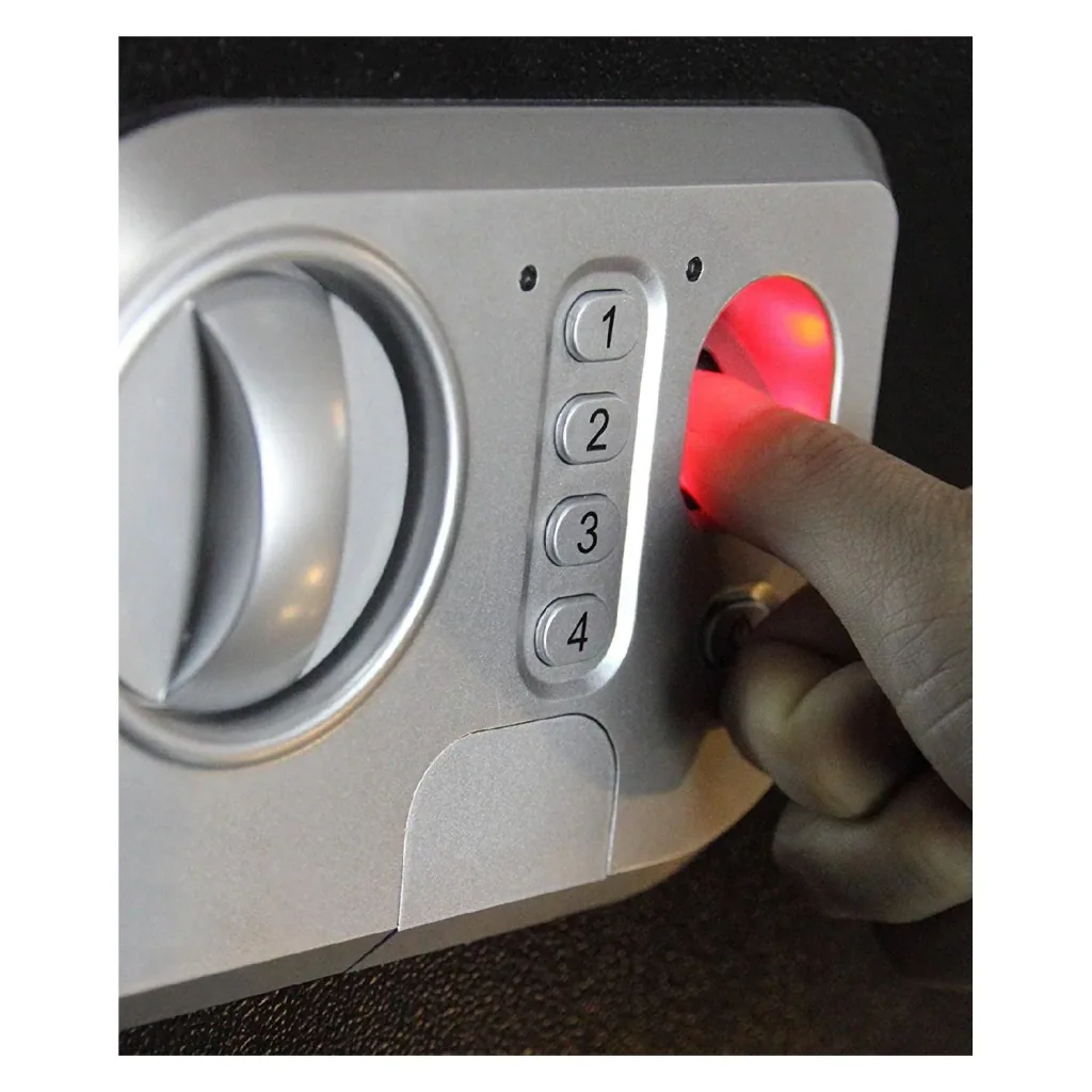 Safe with numeric code and fingerprint sensor