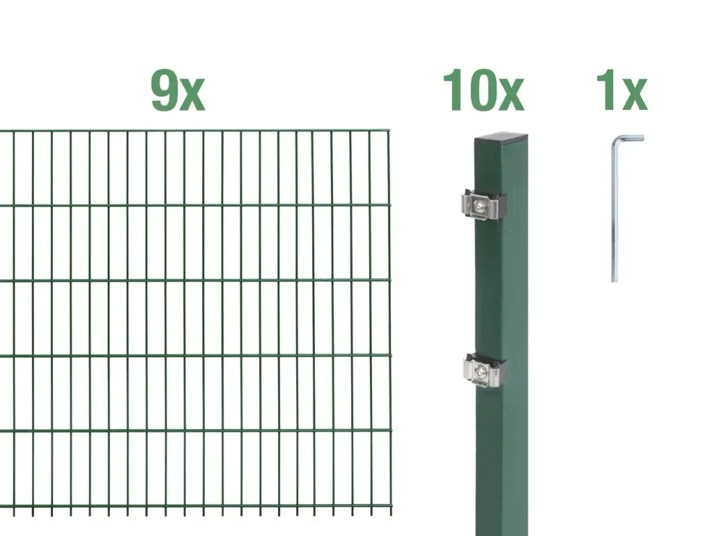 Double rod mesh fence complete set, green, height 100 cm, length 18 m
