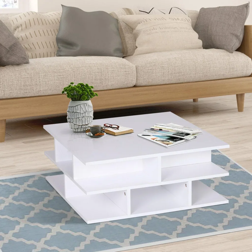 Coffee table, side table, living room table, sofa table, nesting table, 12 x shelves, wood, white, 70 x 70 x 29 cm