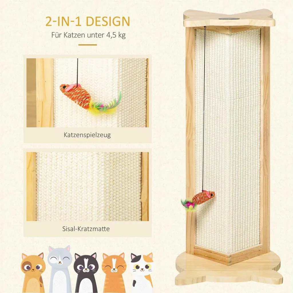 Corner scratching board cat scratching board for wall or corners 62 cm height wall scratching board with hanging toy sisal pinewood