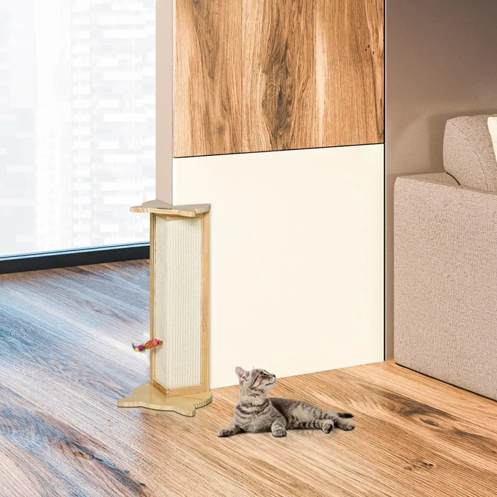 Corner scratching board cat scratching board for wall or corners 62 cm height wall scratching board with hanging toy sisal pinewood
