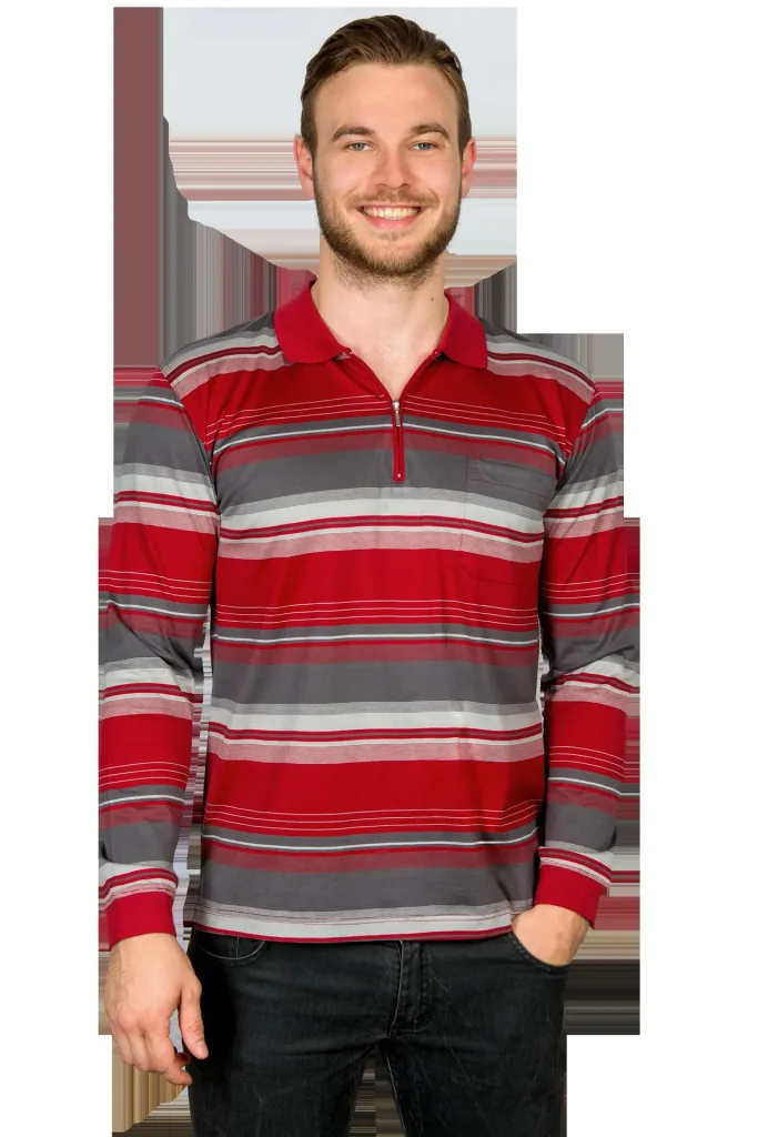 Polo shirt with zipper, color red/striped, size 2XL