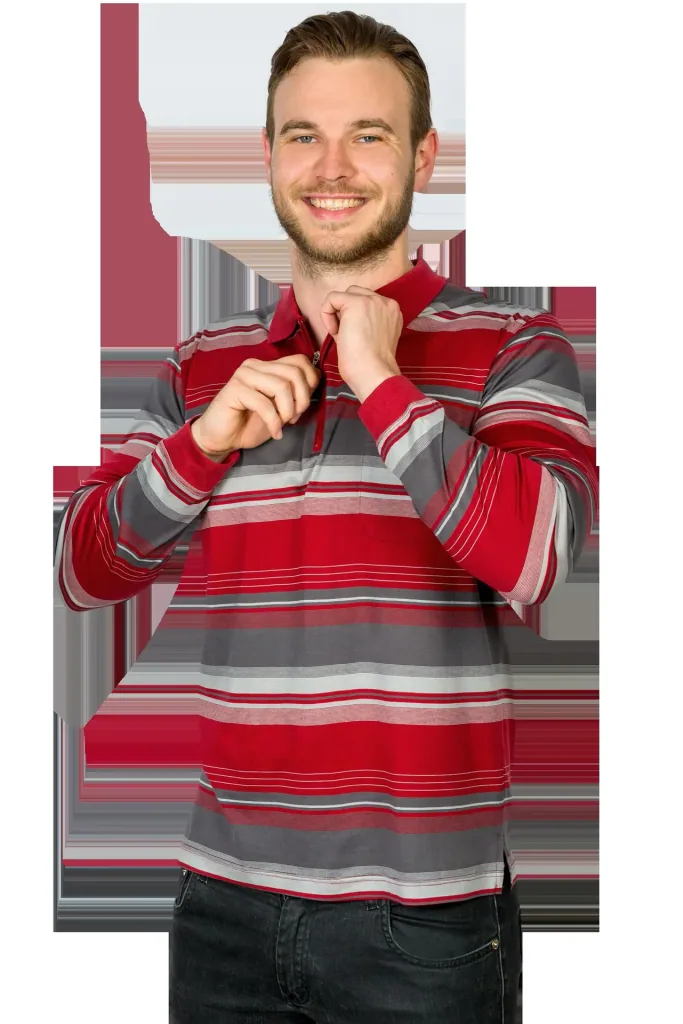 Polo shirt with zipper, color red/striped, size 2XL
