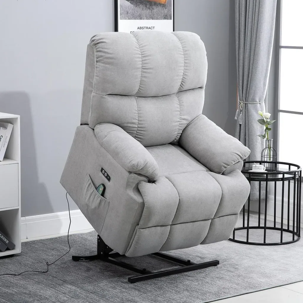 Massage chair, stand-up aid, relaxation chair with heat function, adjustable angle, USB remote control, short plush, grey, 83 x 95