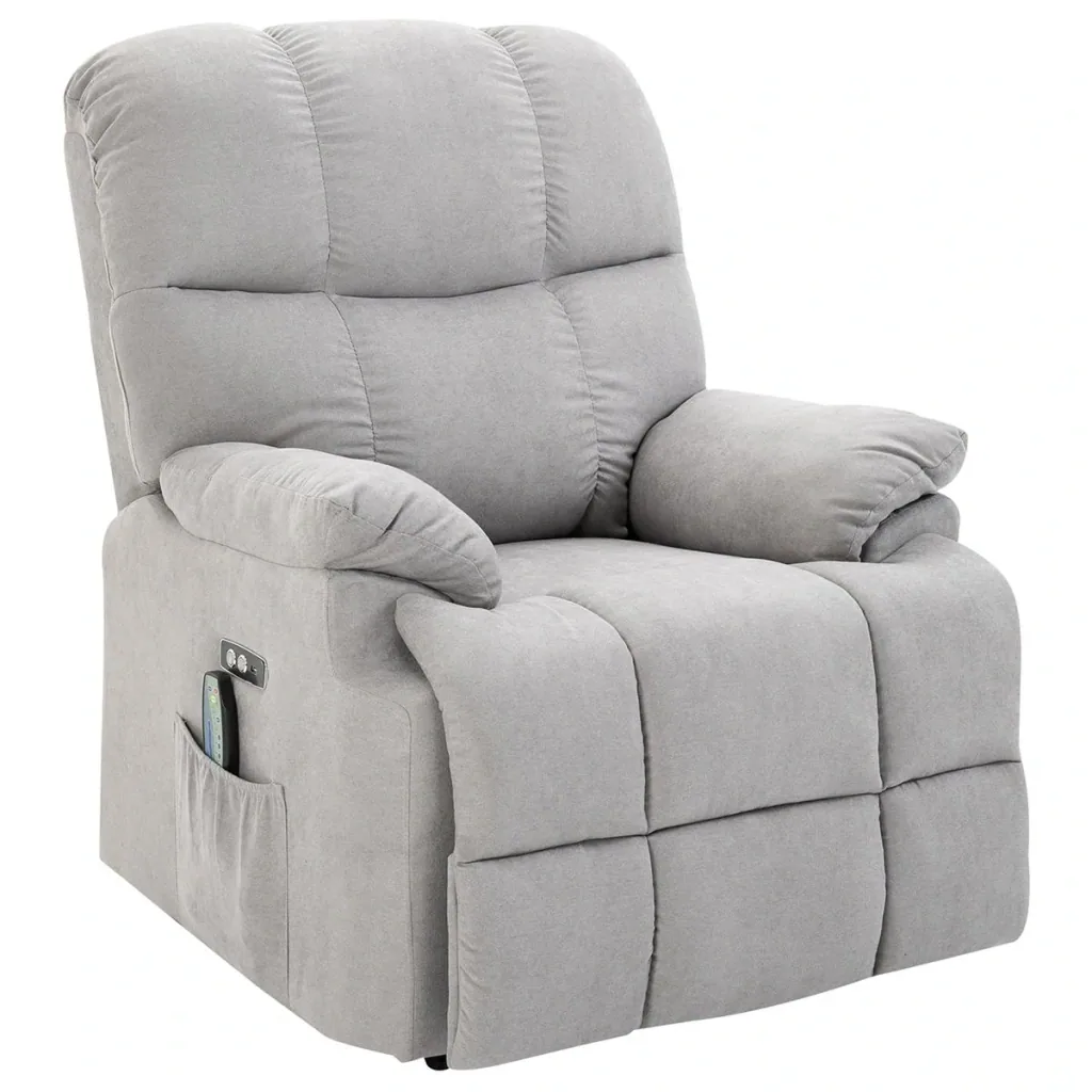 Massage chair, stand-up aid, relaxation chair with heat function, adjustable angle, USB remote control, short plush, grey, 83 x 95