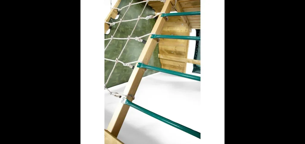 Wooden climbing pyramid with double swing, outdoor climbing pyramid, wood, climbing wall, climbing net, slide, natural