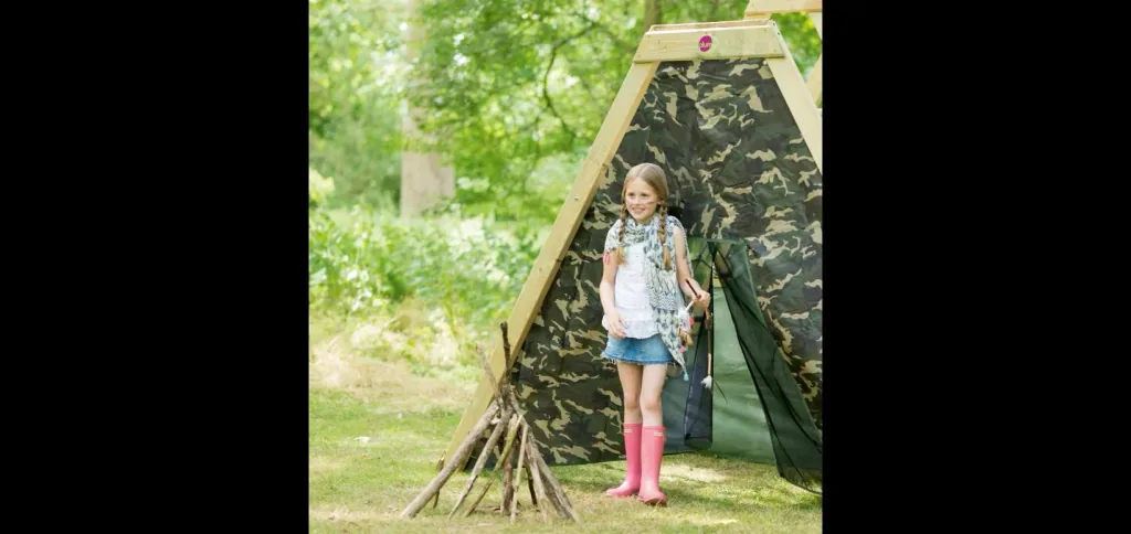 Wooden climbing pyramid with double swing, outdoor climbing pyramid, wood, climbing wall, climbing net, slide, natural