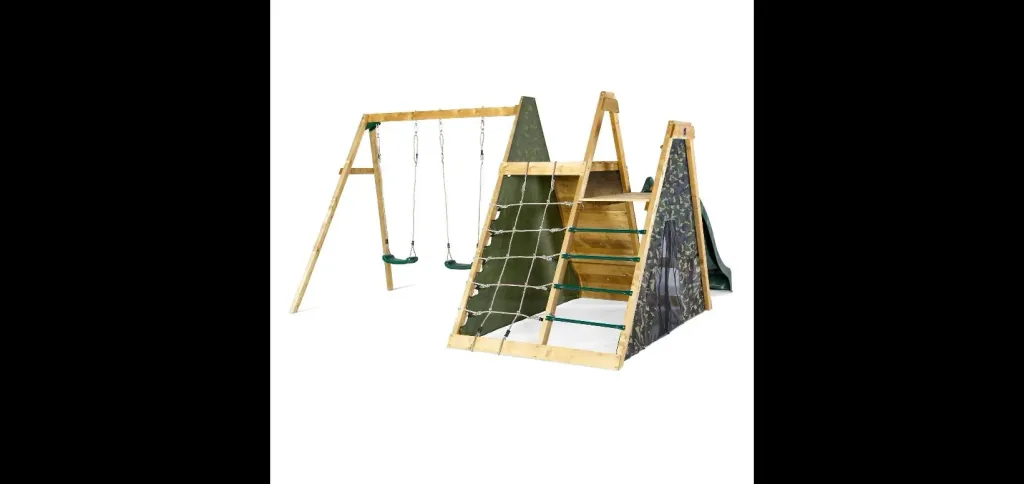 Wooden climbing pyramid with double swing, outdoor climbing pyramid, wood, climbing wall, climbing net, slide, natural