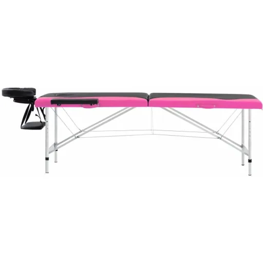 Folding massage table with 2 zones, aluminum black and pink