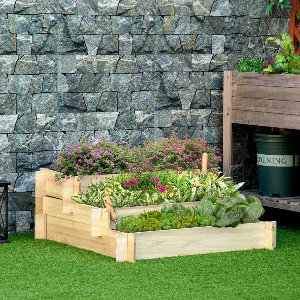 Raised bed 3-tiered garden bed plant bed herb bed flower staircase for balcony garden natural wood 93 x 93 x 35 cm