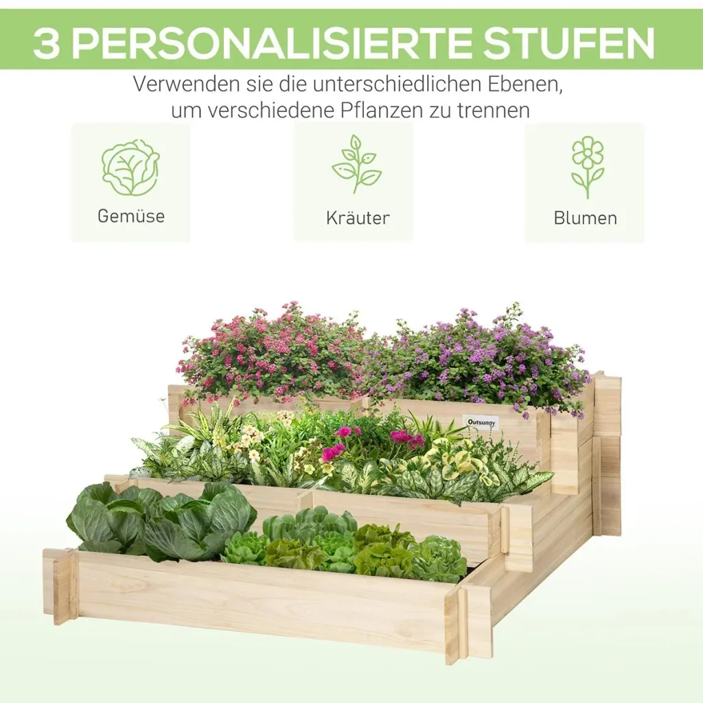 Raised bed 3-tiered garden bed plant bed herb bed flower staircase for balcony garden natural wood 93 x 93 x 35 cm