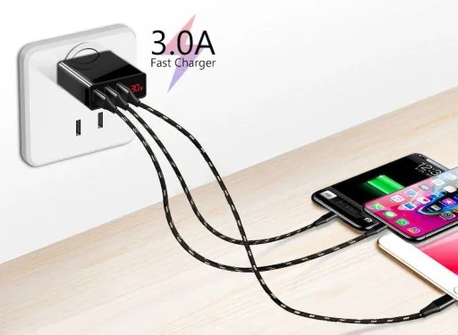 3-way USB charging adapter with integrated quick charge function and LED display
