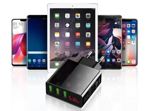 3-way USB charging adapter with integrated quick charge function and LED display