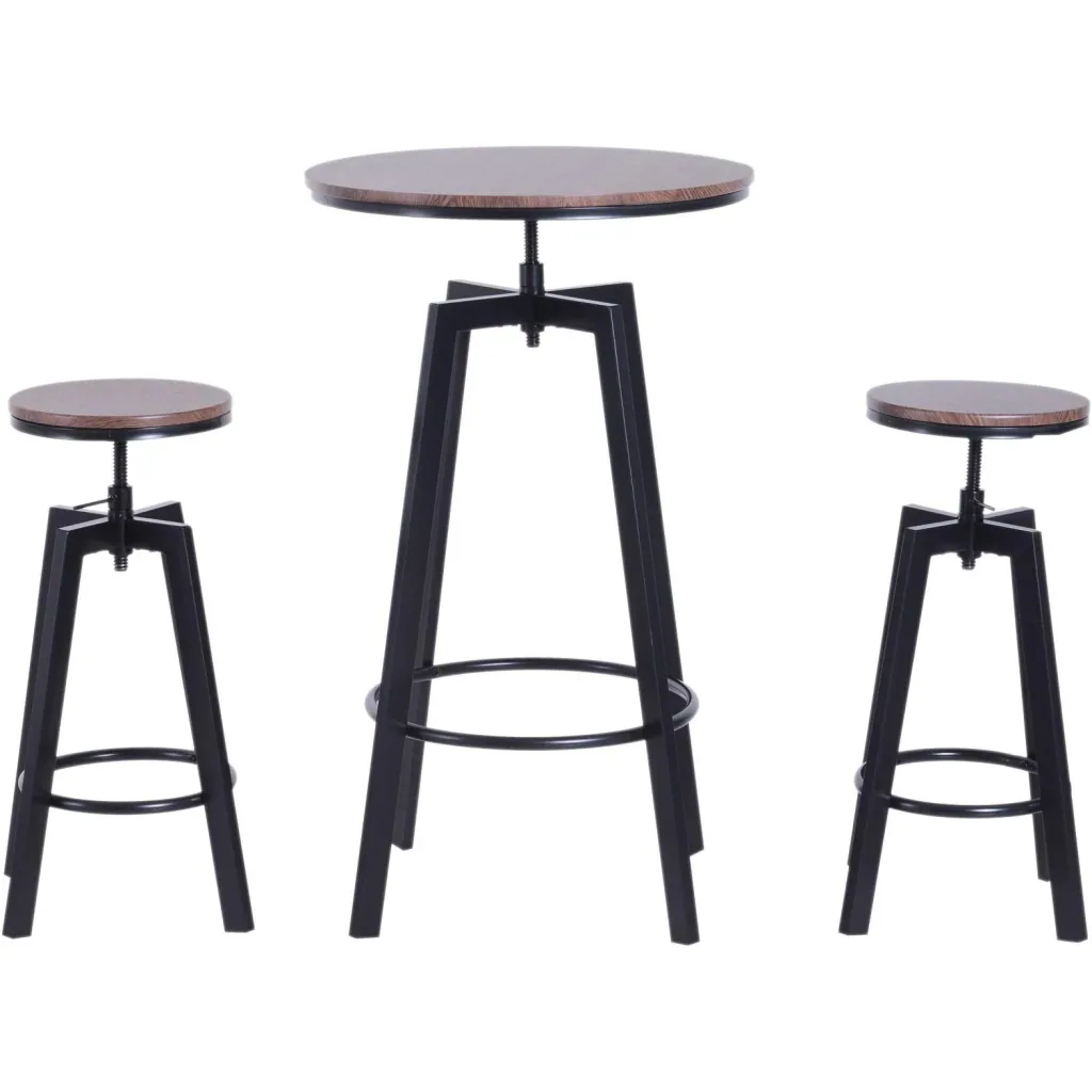 3-piece dining set, dining table, wooden table, dark natural wood look with 1 table + 2 stools
