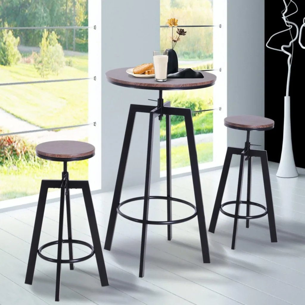 3-piece dining set, dining table, wooden table, dark natural wood look with 1 table + 2 stools