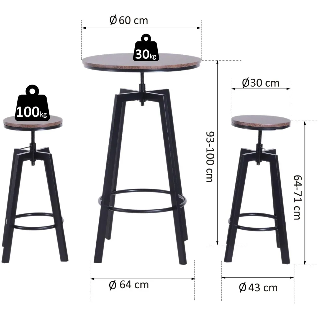 3-piece dining set, dining table, wooden table, dark natural wood look with 1 table + 2 stools