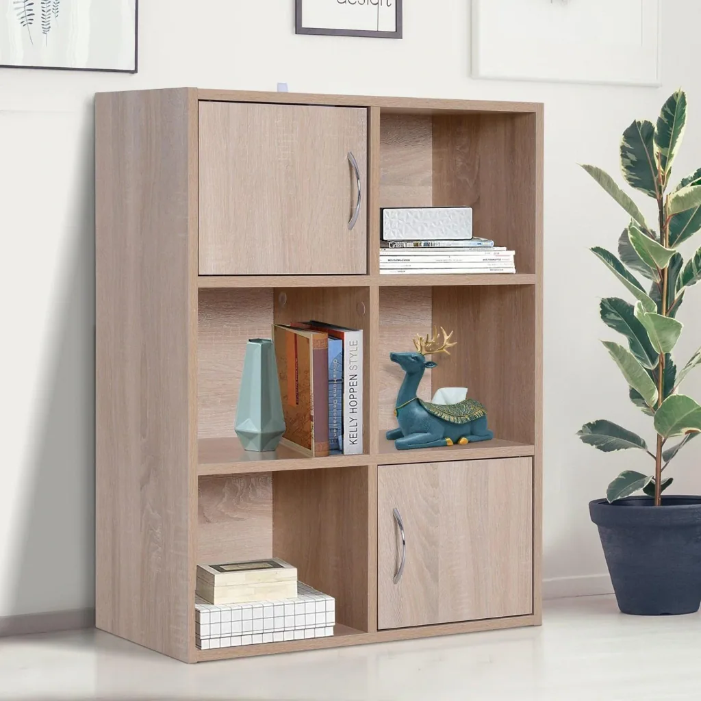 6 compartments bookcase standing shelf room divider decorative shelf cabinet wood natural 61.5 x 29.5 x 80 cm