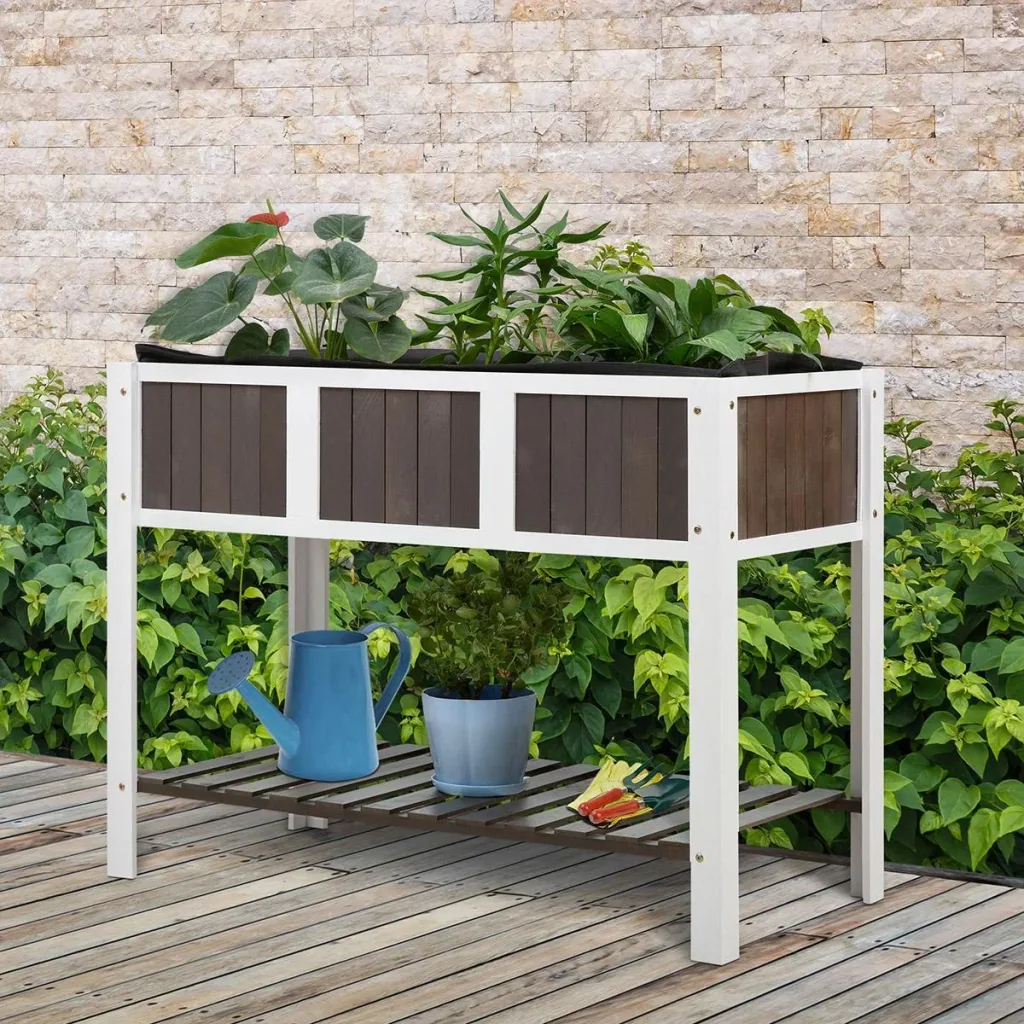 Planting table garden work table wooden garden beds for vegetables flowers, plant pot with shelf, 119 x 57 x 89 cm, fir, n