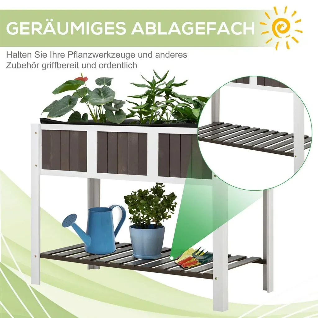Planting table garden work table wooden garden beds for vegetables flowers, plant pot with shelf, 119 x 57 x 89 cm, fir, n