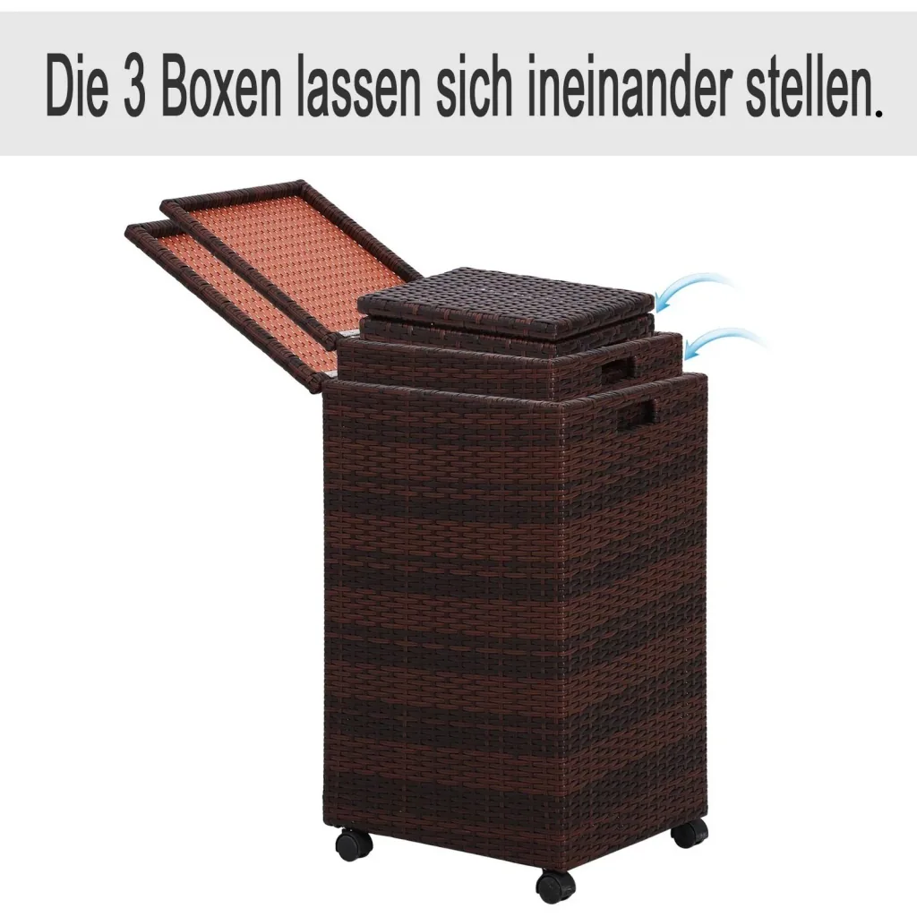 Storage box set of 3 storage boxes with lid, rollable, polyrattan brown L/M/S