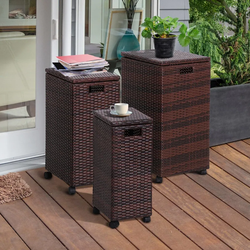 Storage box set of 3 storage boxes with lid, rollable, polyrattan brown L/M/S