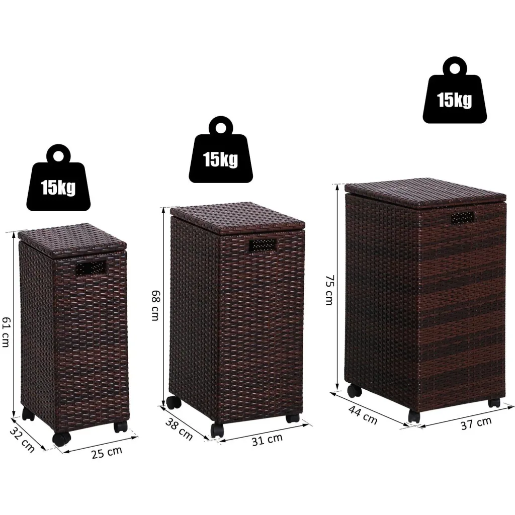 Storage box set of 3 storage boxes with lid, rollable, polyrattan brown L/M/S